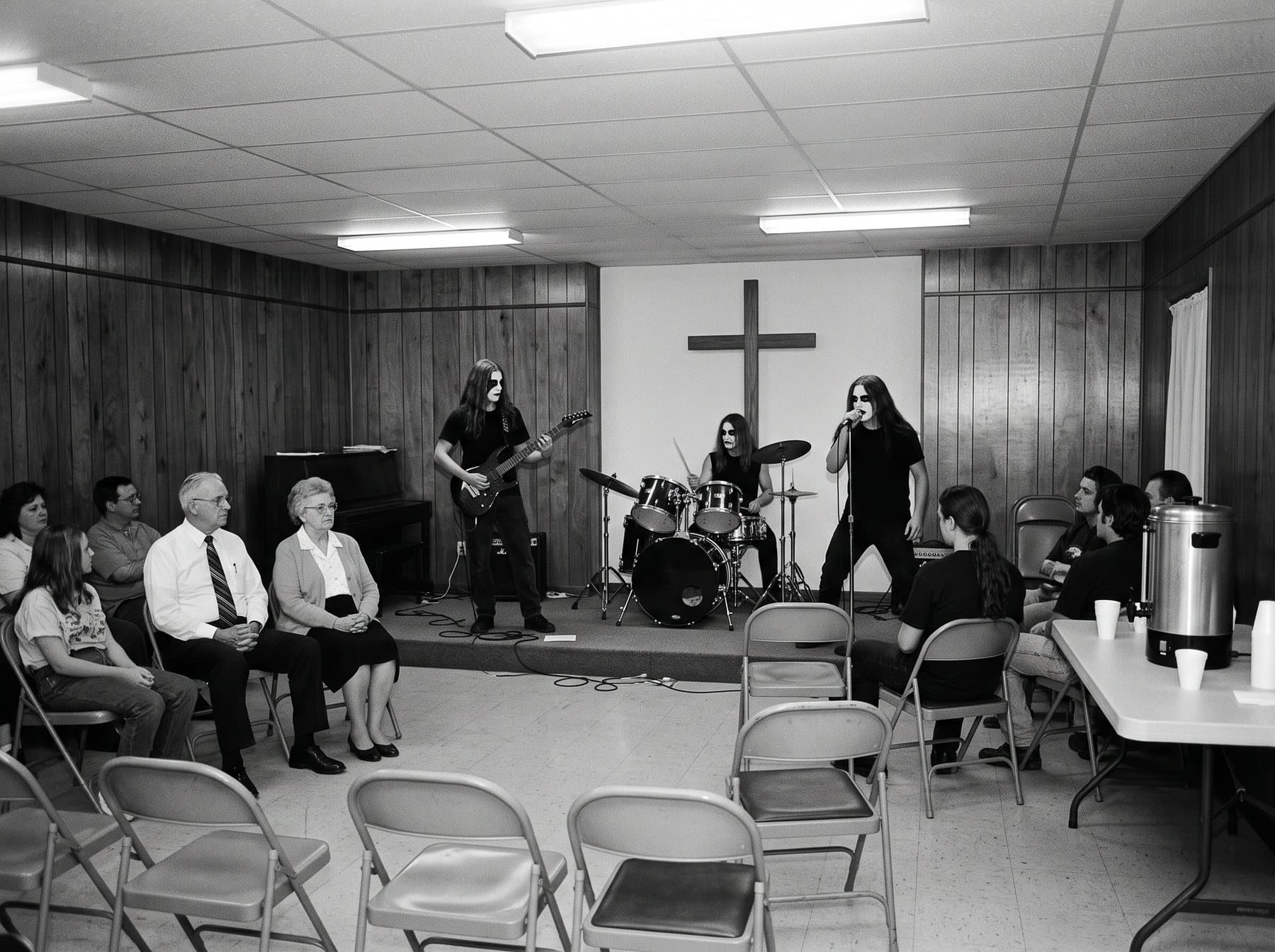 A church fellowship hall with folding chairs, a wooden cross on the wall and a band in face paint setting up