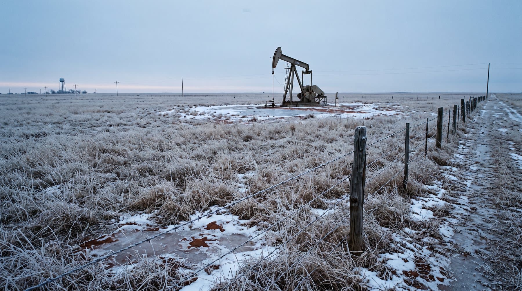 Frost-covered Oklahoma prairie at dawn in January with a single oil pump jack