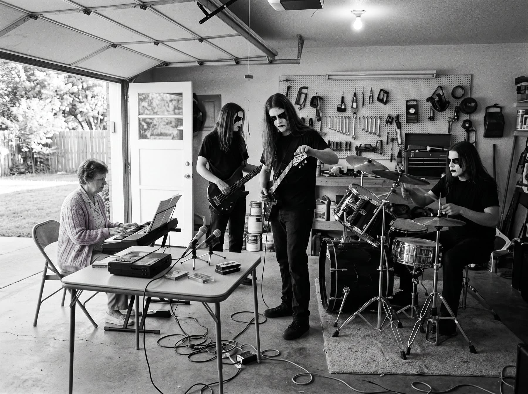 A two-car suburban garage at night with a drum kit, amplifiers and a four-track recorder on a card table