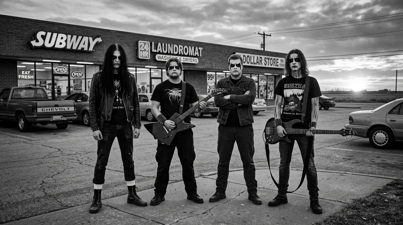 God's Lunatics in corpse paint outside a strip-mall laundromat at dusk