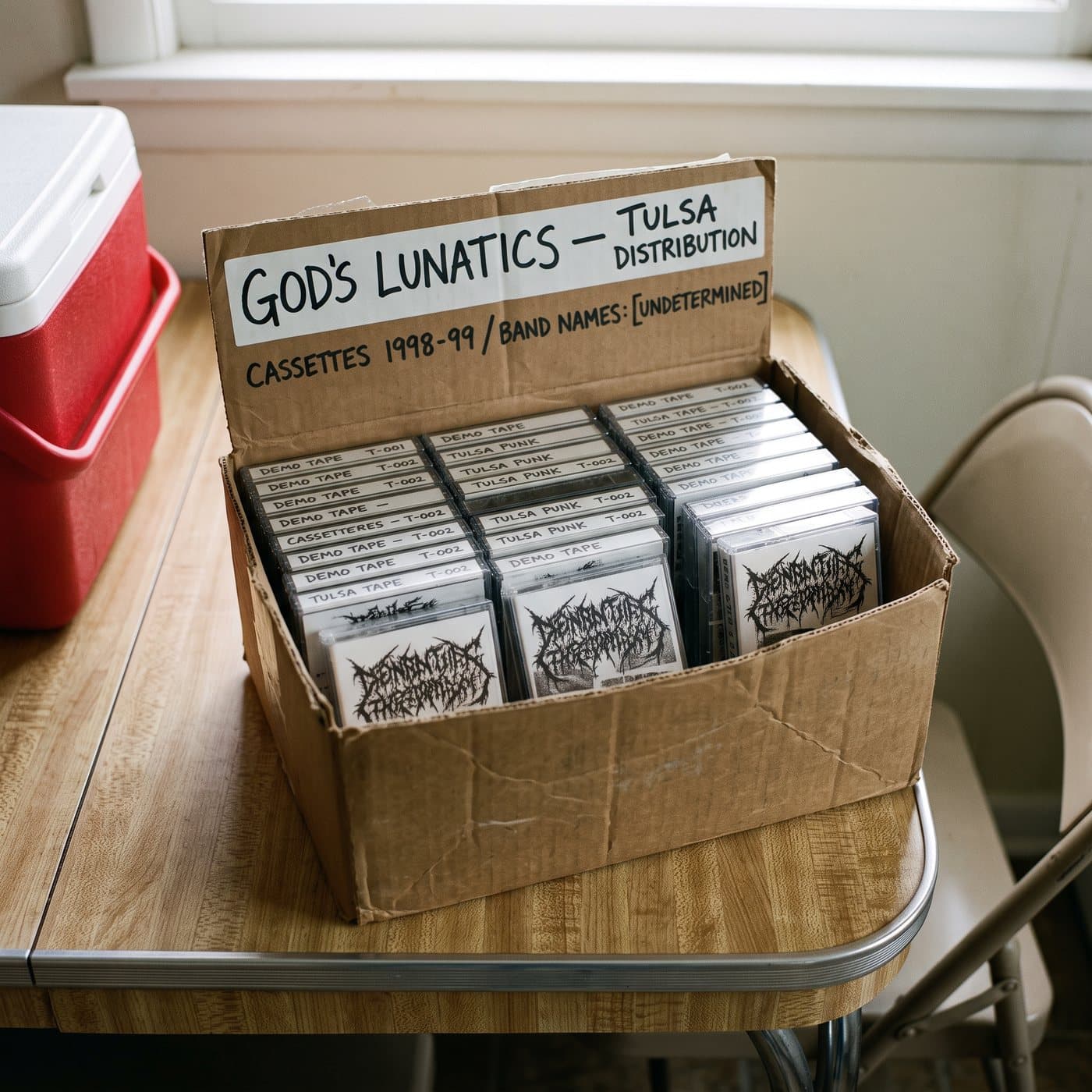 A cardboard box of cassettes in plastic cases on a kitchen counter